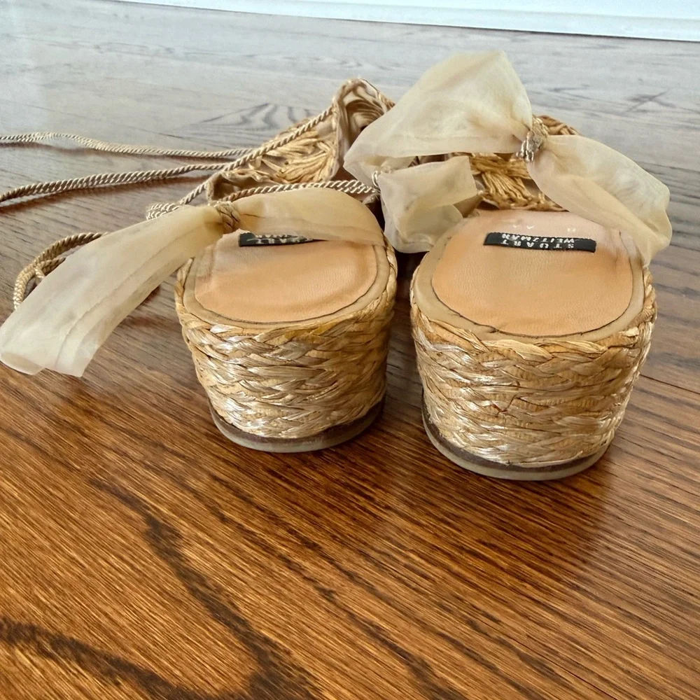 Stuart Weitzman Tan Woven Espadrille Ankle-Tie Sandals